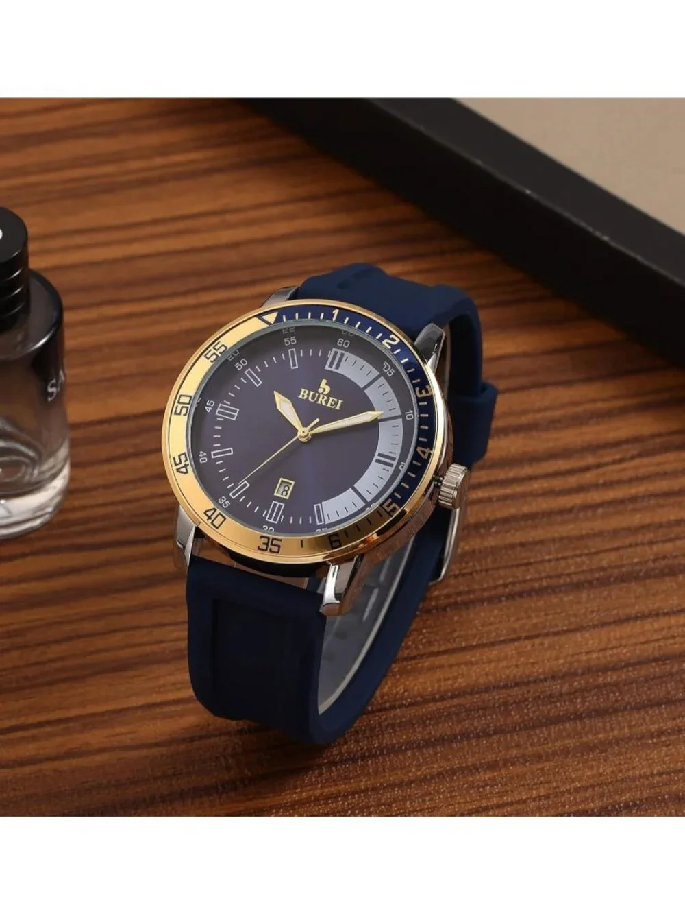 Men's Blue Gold Analog Quartz Silicone Waterproof Geometric Design Classic Watch